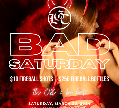 Bad Saturday event flyer for The Library Gentlemen's Club in Redlands, featuring special deals on Fireball shots and bottles, with a backdrop of a model in red devil horns and attire.